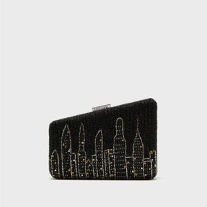 STAUD Embroidered Black Evening Clutch with City Skyline
